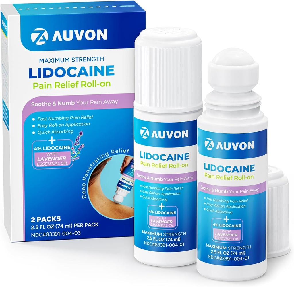 AUVON Max 强力 Lidocaine 疼痛救济 与薰衣草基本油、无梅斯应用器、快速吸附到Numb & Soothe 疼痛救济 膝盖、肩部、FSA/HSA 合格,2.5 OZ,2包