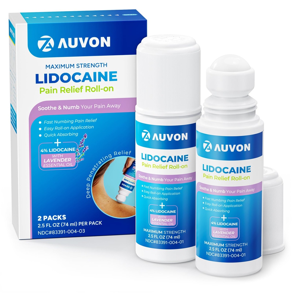 AUVON Max Strength Lidocaine Pain Relief Roll-On with Lavender Essential Oil, No Mess Applicator, Quick Absorbing to Numb & Soothe Pain Relief for Knees, Shoulders, 2.5 Oz, 2 Packs