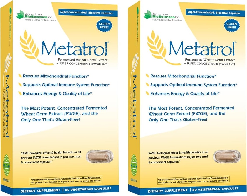 American BioSciences Metatrol 2-Box Bundle, Mitocondrial Rescue & Daily Imune System Support Fermented Wheat Germ Extract - Super Concentrado, 60 cápsulas por caixa, 41mg de FWGE-SC por serviço