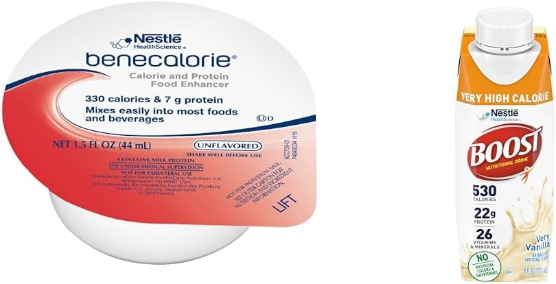 Benecalorie Calorie un Olbaltumvielu uzlabotājs - Neflavored (330 Kalorijas, 7g Olbaltumvielas) - 1.5 fl oz Cups & Boost Ļoti augsts Calorie Vanilla Nutritional Drink – 22g Protein, 530 Nutrient Rich Calories, 8 Fl Oz