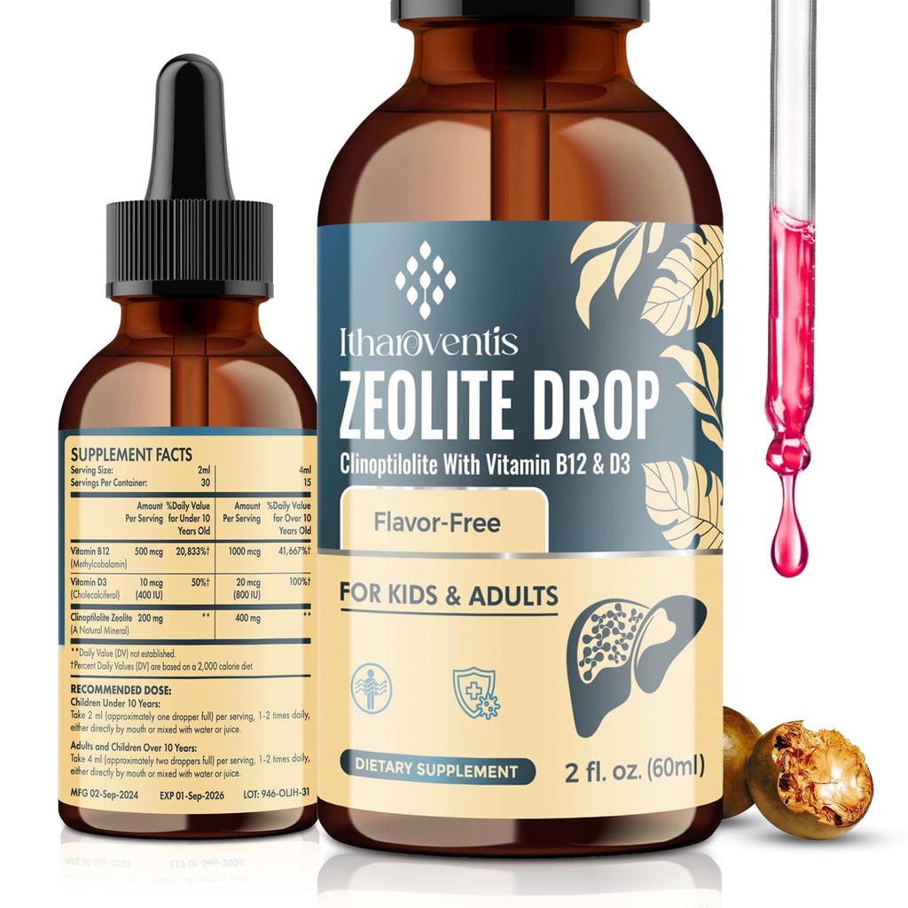 Itharoventis Zeolite Drops for Kids and Adults, Zeolite Clinoptilolite Liquid with Methyl Vitamin B12 & D3 for Gut & Speech, Immune, Bone, Energy, Monk Fruit Flavor, 2 Fl Oz