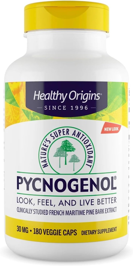 Origines saines Pycnogenol 30 mg (Super Antioxydant de la nature, non-OGM, sans gluten, soutien cardiovasculaire), 180 capsules végétatives