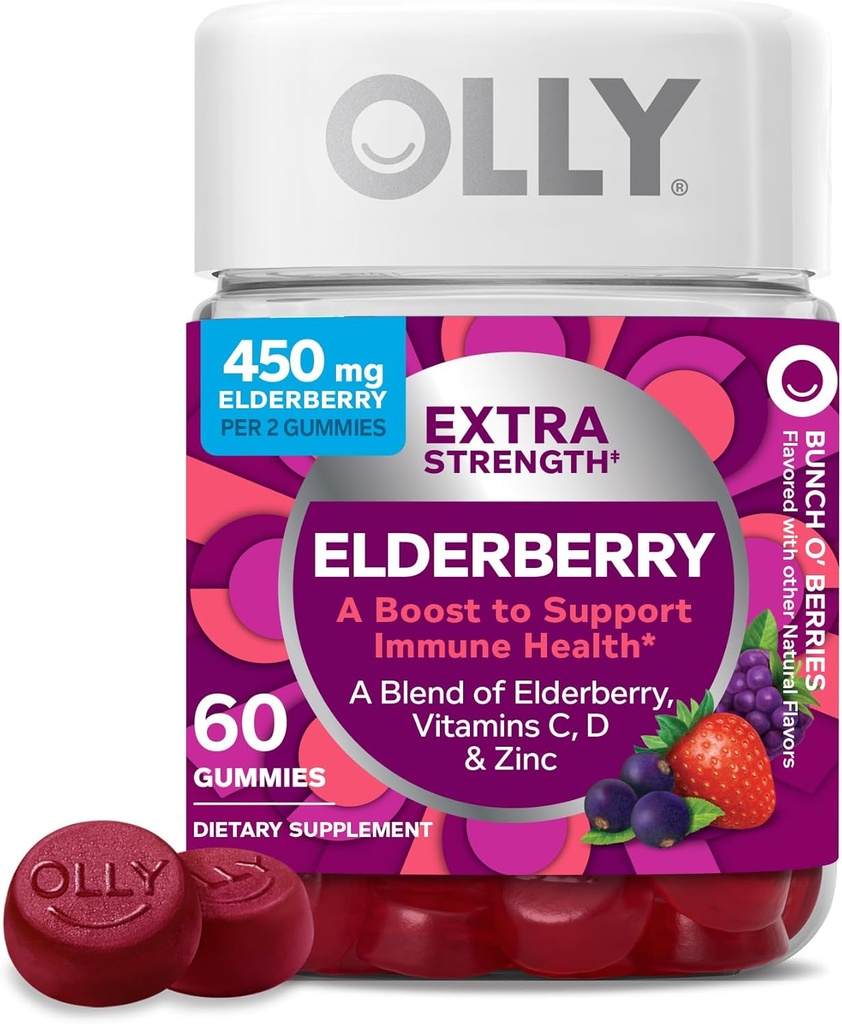 OLLY Ekstra Kekuatan Elderberry Gummies, Imune Dukungan, 450mg Elderberry, Vitamin C, D dan Zinc, Berry - 60 Count
