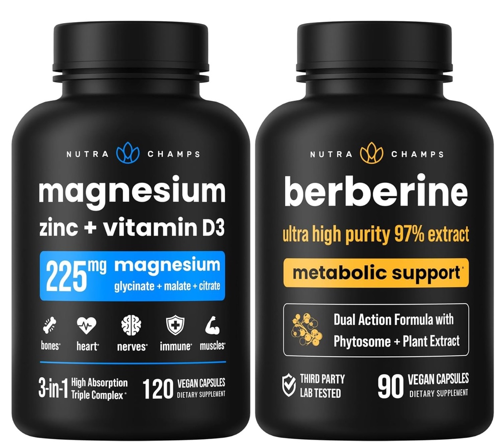 NutraChamps Complete Bone & Metabolic Support : Magnesium Zinc D3 & Berberine Duo