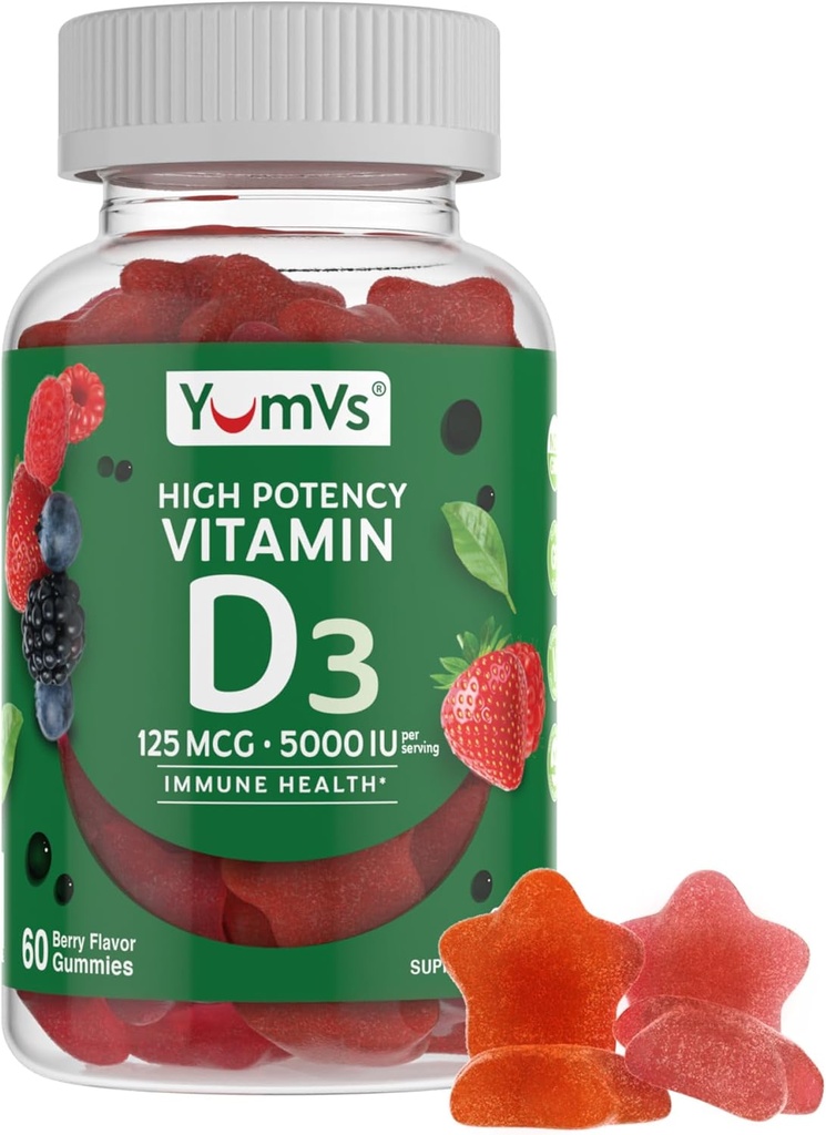 YUM-V 's Vitamin D3 Gummies 5000 IU 125mcg D3 Gummies - Podpora imunitní podpory, Silné zdraví kostí - Non- GMO, Gluten- Free, Dairy- Free, Vitamin D Gummy (60 Počet)