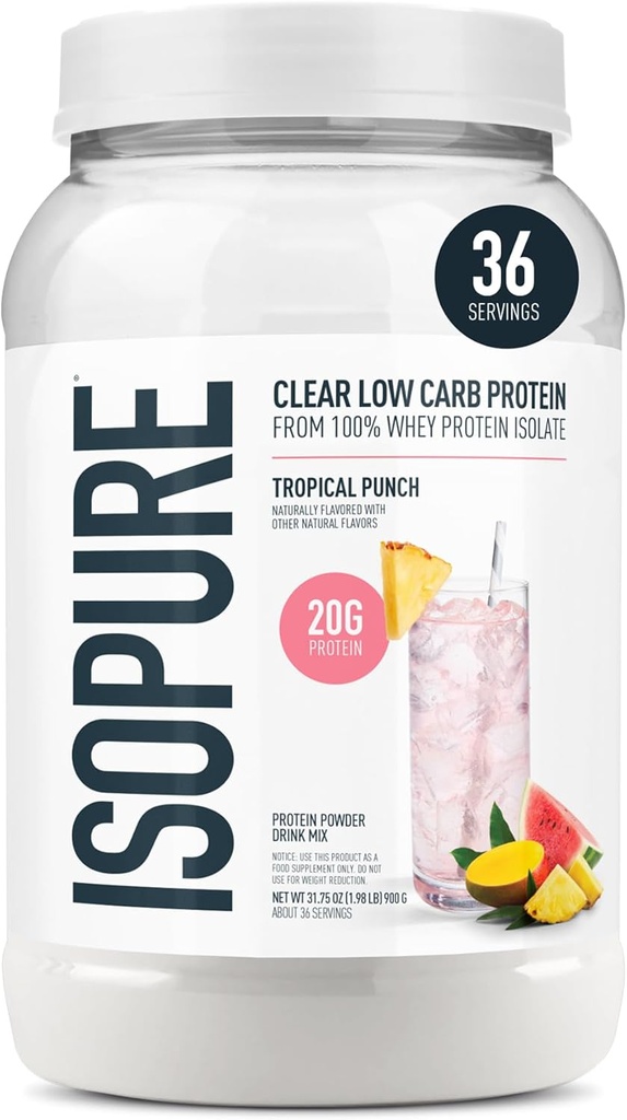 Isopure Clear Whey Isolaat Proteïne Poeder, Lactosevrij, Glutenvrij, Natuurlijk Gearomatiseerd, Tropische Punch, 20g Proteïne Per Serving, 1.9 Lbs, 36 Servers (Verpakking mei Vary)