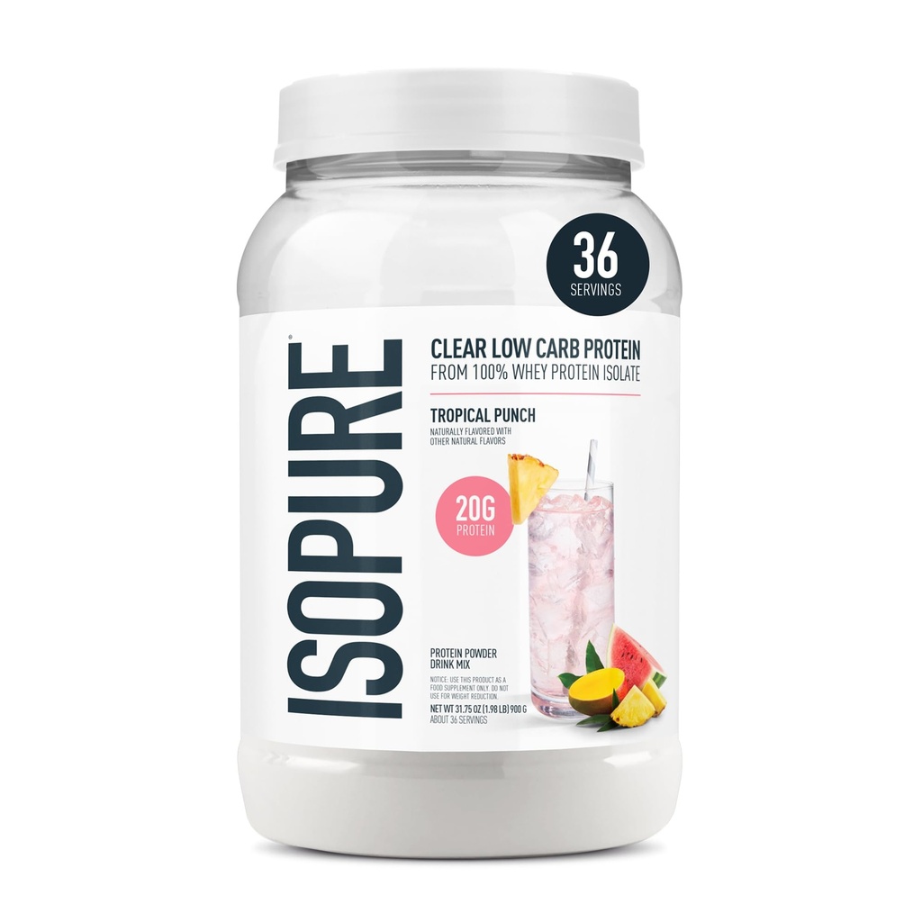 Isopure Clear Whey Isolate Protein Powder, Lactose Free, Gluten Free, Naturally Flavored, Tropical Punch, 20g Protein Per Serving, 1.9 Lbs, 36 Servings (Packaging May Vary)