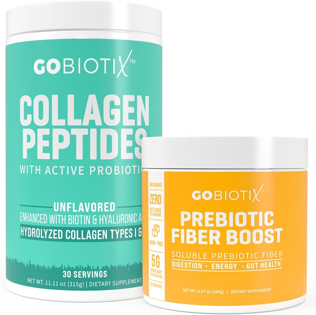 GOBIOTIX Fibra & Colagen Bundle: Cabelo, Pele, Gut Support - 30 Servings Collagen, 35 Servings Fibra