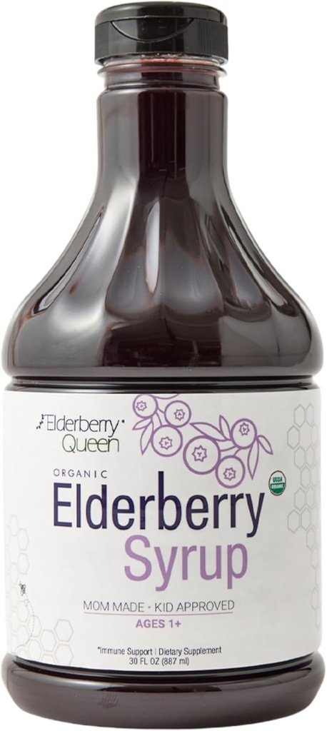 Elderberry Queen Organic Elderberry Syrup 30 Fl Oz - Sambucus Black Elderberry eta Aronia Berry-rekin laguntza-formula - Haur eta helduentzako belar natural ziurtatua