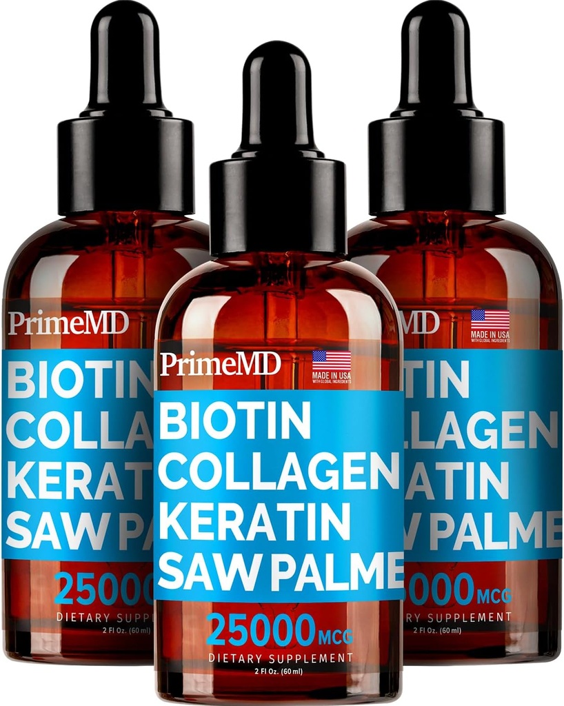 PrimeMD 4-en-1 Liquid Biotin Collagen Kératin Saw Palmetto Drops (3 Pack) Bundle - 25000mcg Huiles capillaires et vitamines de peau pour les femmes et les hommes - 2 Fl Oz Chacun, Saveur de pastèque, Sans gluten, Non-OGM