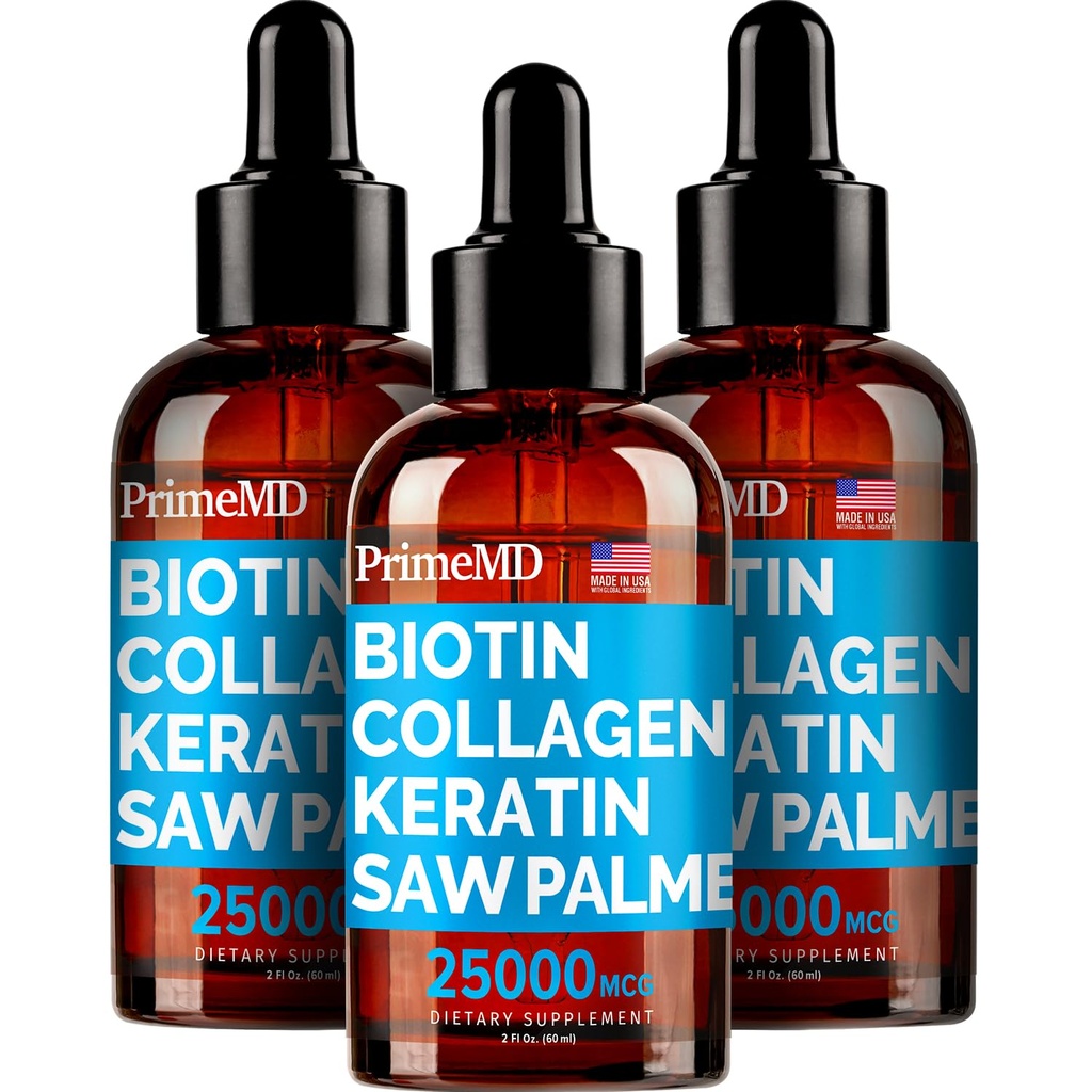PrimeMD 4-in-1 Liquid Biotin Collagen Keratin Saw Palmetto Drops (3 Pack) Bundle - 25000mcg Hair Nails and Skin Vitamins for Women & Men - 2 Fl Oz Each, Watermelon Flavor, Gluten-Free, Non-GMO