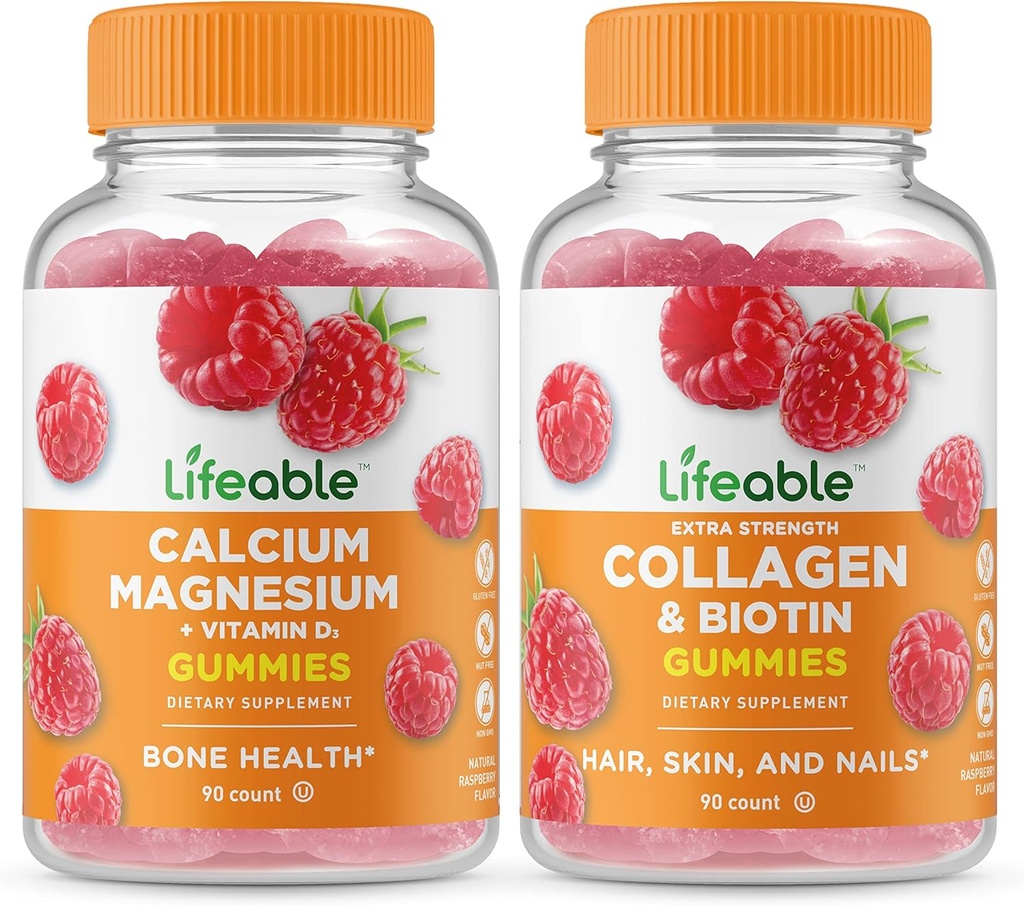 Lifeable Calcium Magnesium + Collagen & Biotin, Gummies Bundle - גדול Tasting, ויטמין תוסף, Gluten Free, GMO חינם, Chewable