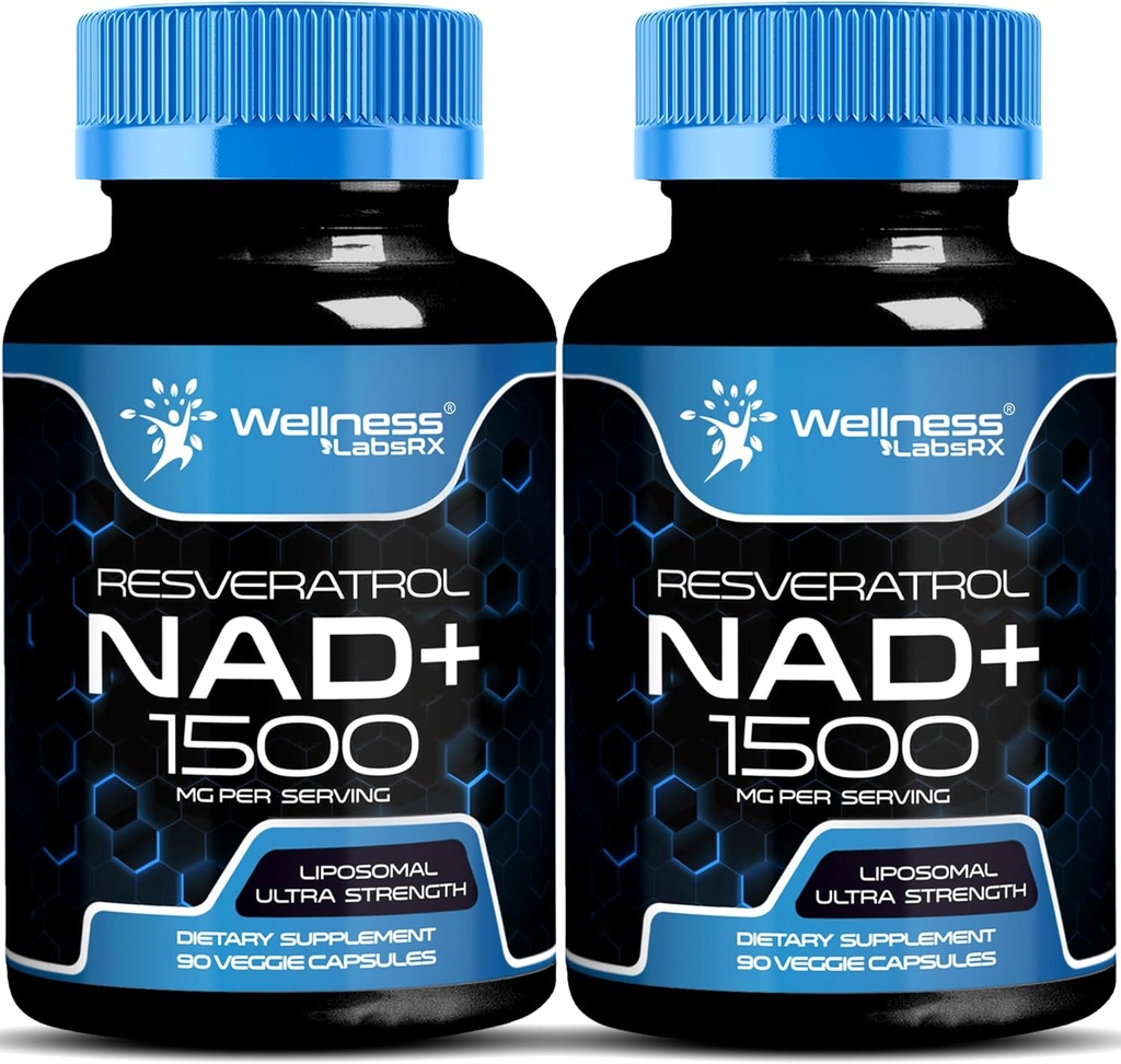 WELLNESS LABSRX NAD Suplemento, 1500mg - Liposomal NAD+ Suplemento con Resveratrol, NAD Plus Boosting - Apoyo a la salud celular, resistencia y envejecimiento saludable - Ultra Strength Capsules, USA Made - 2 Pack