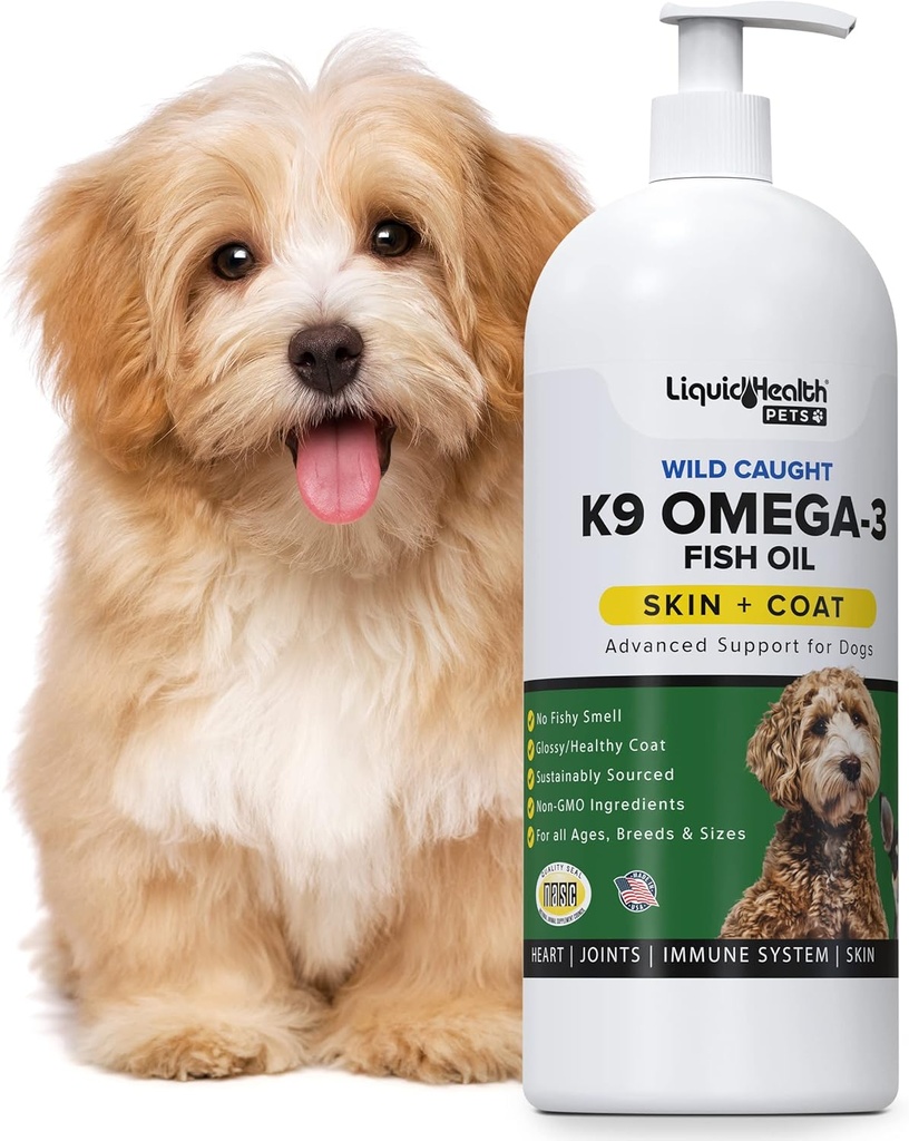 Liquid Health Pets K9 Omega 3 Fish Oil for Dogs - Liquid Omega 3 supplement for Pets with EPA + DHA - Reduce Itching " Shedding, Support Joints, Immunity, Brain ' Heart Health - USA Made (16 oz)