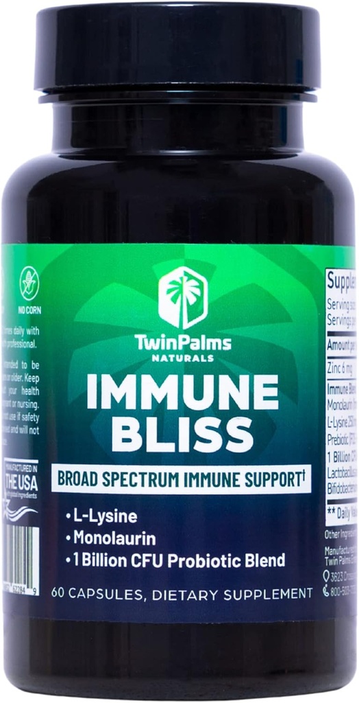 Immune Bliss - Broad Spectrum Daily Wellness Support for Seasonal Switch124; L- Lysine Monolaurin Probiotic Prebiotic Blend