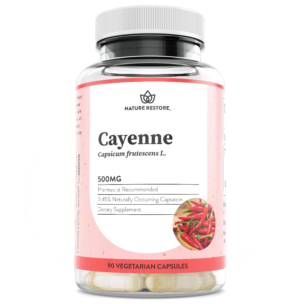 Nature Restore Cayenne Pepper Extract Supplement, Standardized to 0.45 Percent Capsaicin, 70,000 Scoville Heat Units, 90 Capsules, Manufactured in USA, Non-GMO & Gluten Free