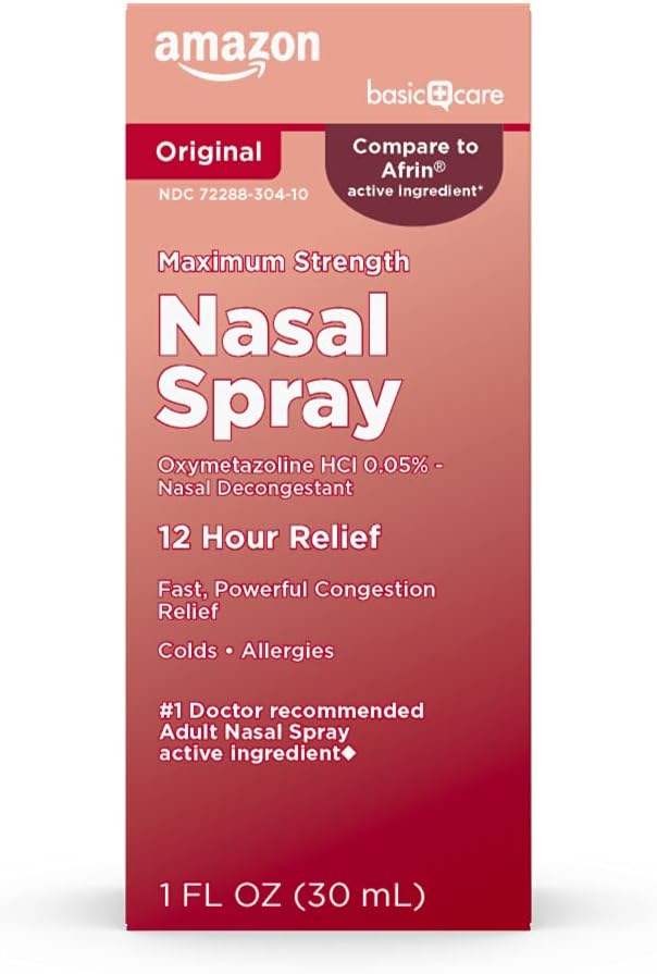 Basic Care Maks styrke 12 timer Nasal Spray, Oxymetazolin HCl løsning, Congestion Relief, Kald og Allergi medisin, Decongestant, 1 oz (pakke med 1)