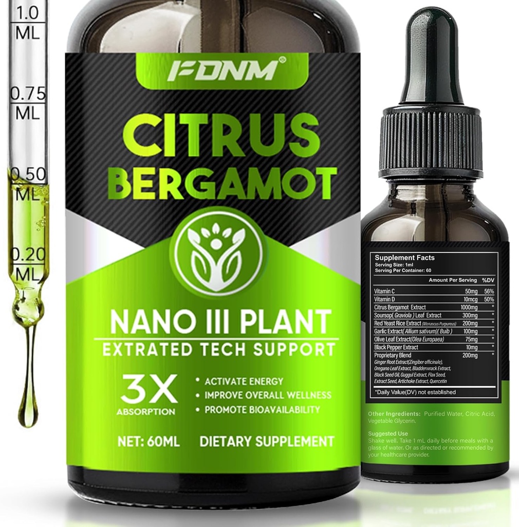 Citrus Bergamot Liquid Drops - 1000mg High- Absorpční dodatek pro Metabolické zdraví a Circulation Support, Poskytovat efektivní denní podporu, 60 ML