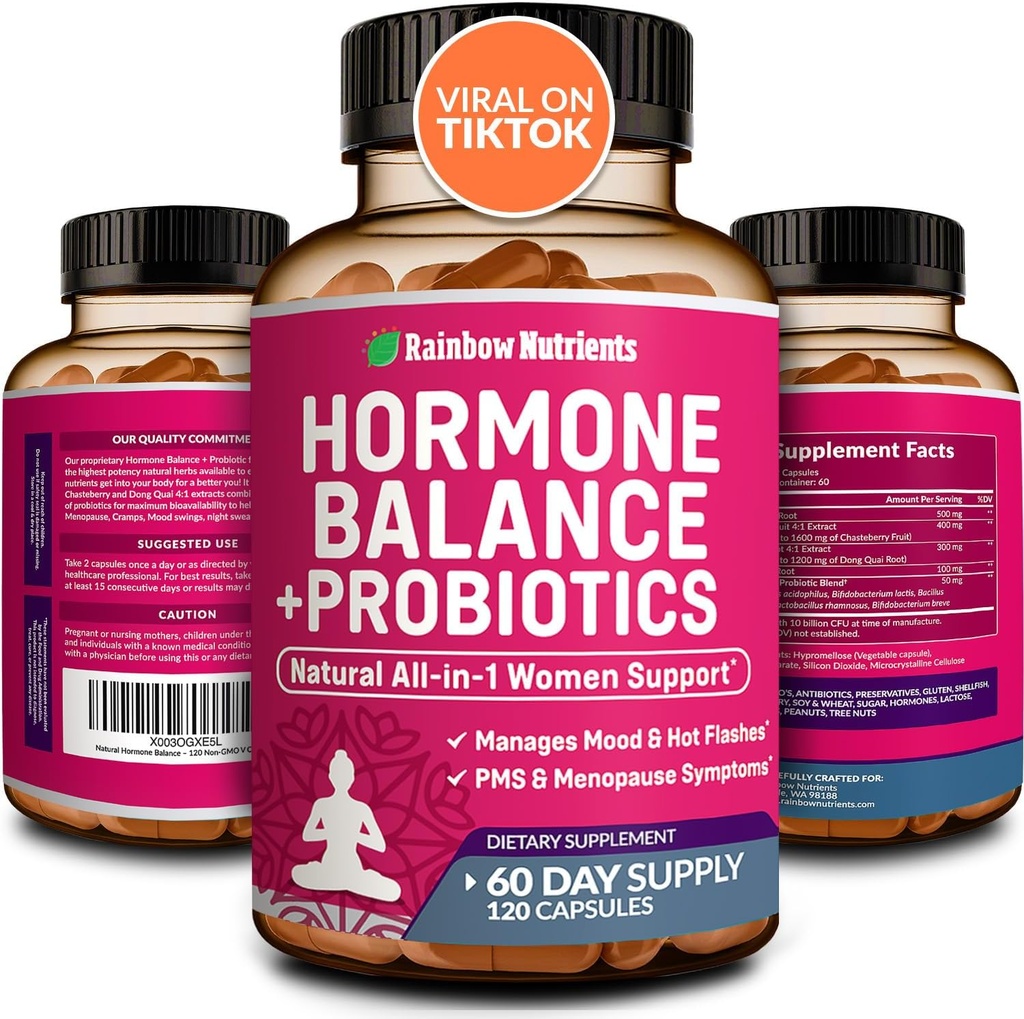 Equilibració Hormone + Probiòtics per a l'ajuda contra la Dona natural Menopausa, gestió del pes, Arloing, Flashs calents, PMS Orlanda Maca, Chataber, Dong Quai & Black Cohoshuthuthou, GMO Oh, 20 Viles