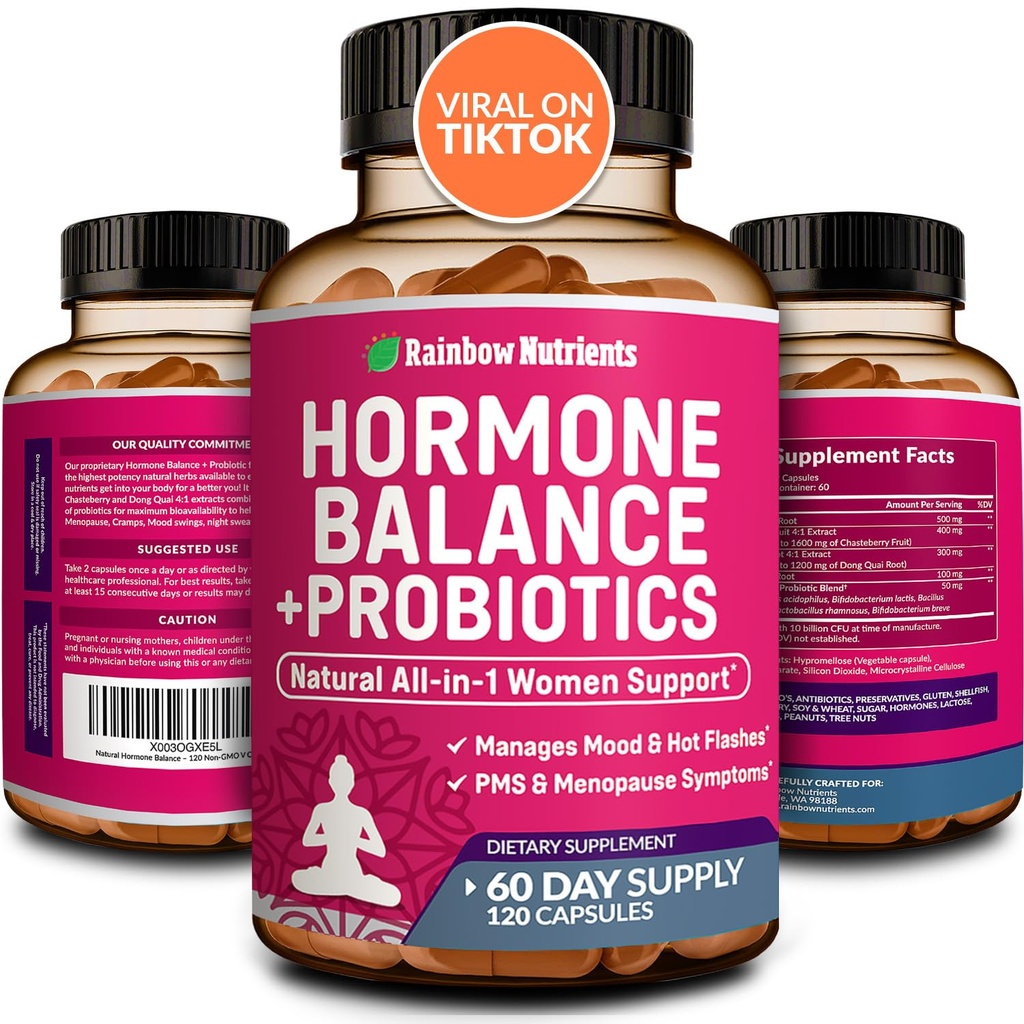 Hormone Balance + Probiotics for Women- Natural Menopause Relief, Weight Management, Bloating, Hot Flashes, PMS | Organic Maca, Chasteberry, Dong Quai & Black Cohosh | Non GMO |120 V Capsules