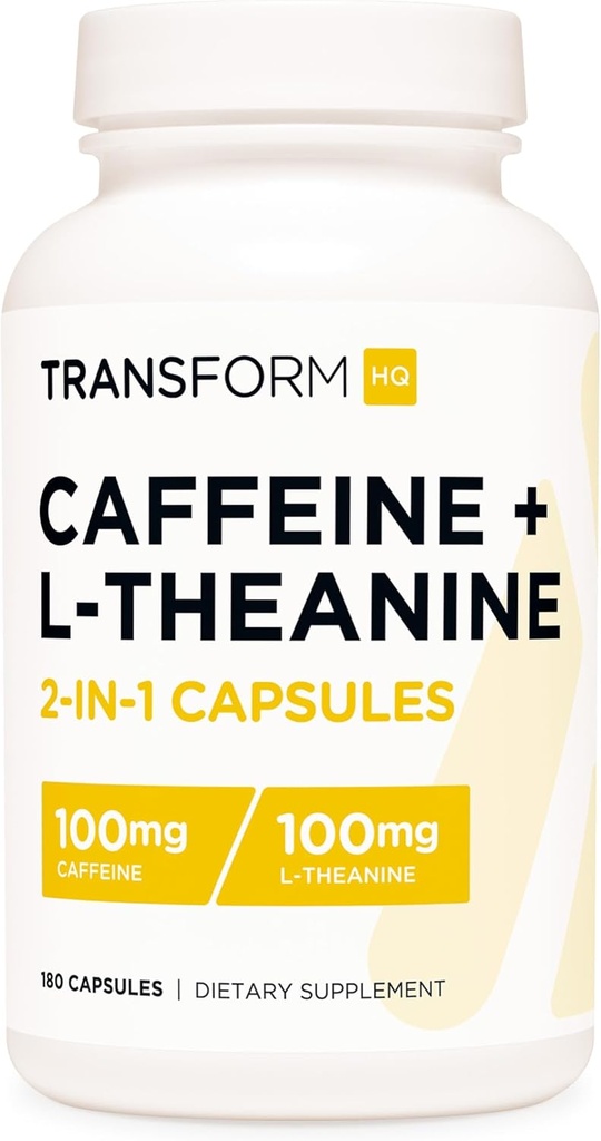 TransformHQ Cafeina & L-Theanină (100mg fiecare) 180 Capace - Gluten gratuit, non-GMO