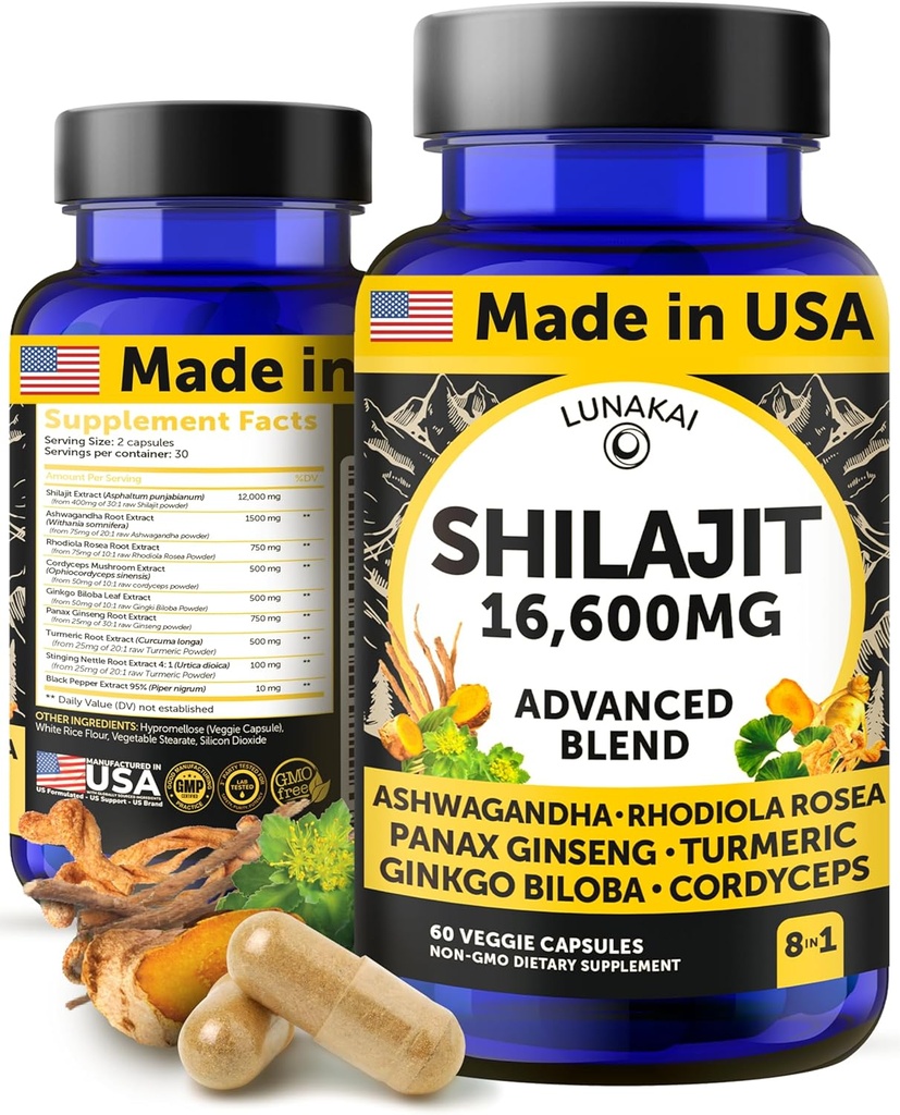 Lunakai USA Made Pure Shilajit Kapselit Ashwagandha, Rhodiola & Cordyceps - Extra Strength Shilajit Extract miesten & naisten, 60ct