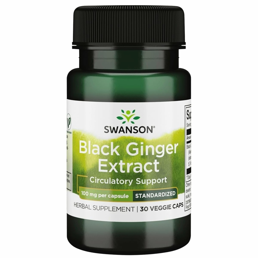 Swanson Black Ginger Extract - Promotes Healthy Blood Circulation and Physical Vigor - May Aid Heart Health, Muscle Tissue, and Wellbeing - (30 Veggie Capsules, 100mg Each) 1 Pack
