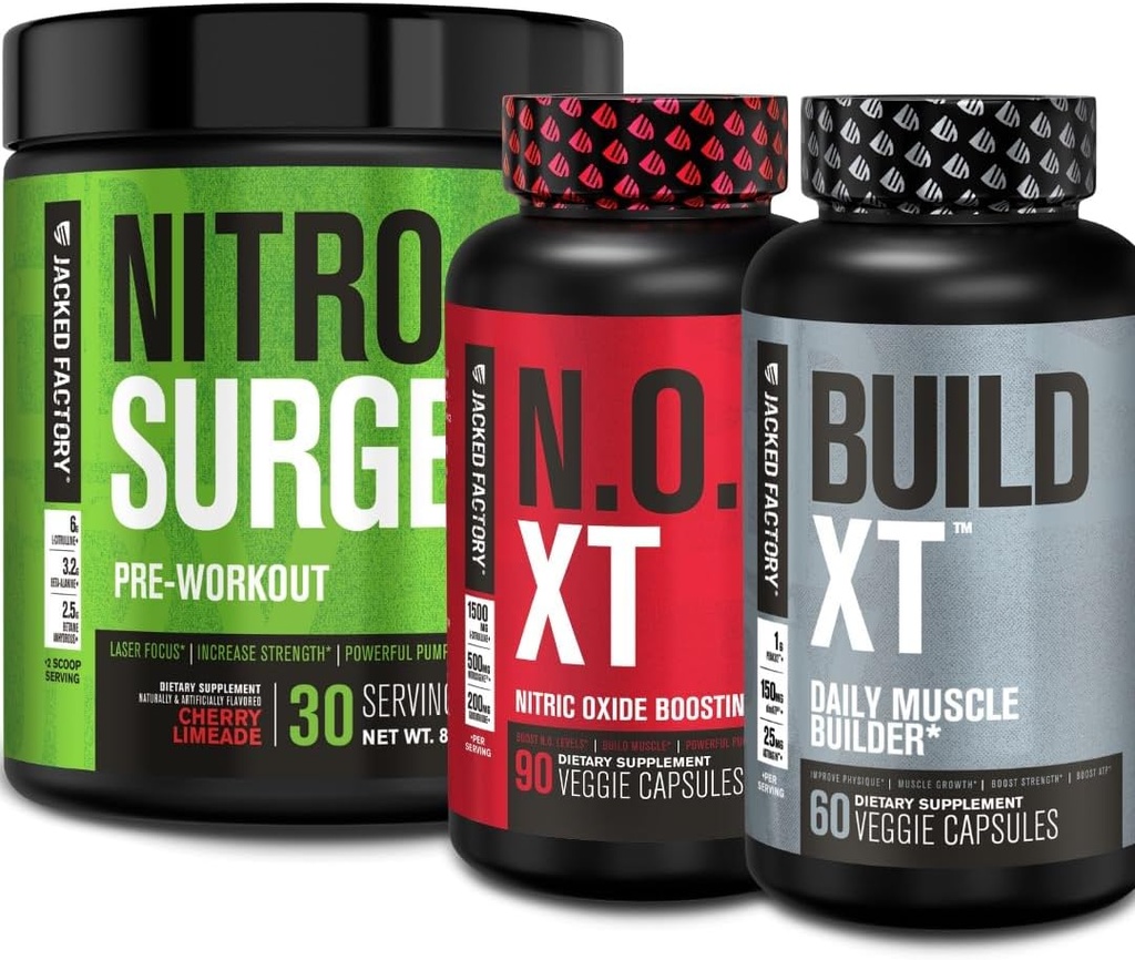 Jacked Factory Nitrosurge Pre Workout, N.O. XT Nitrični oksid Dodatek & Gradite-XT Dnevni mišice graditelj paket