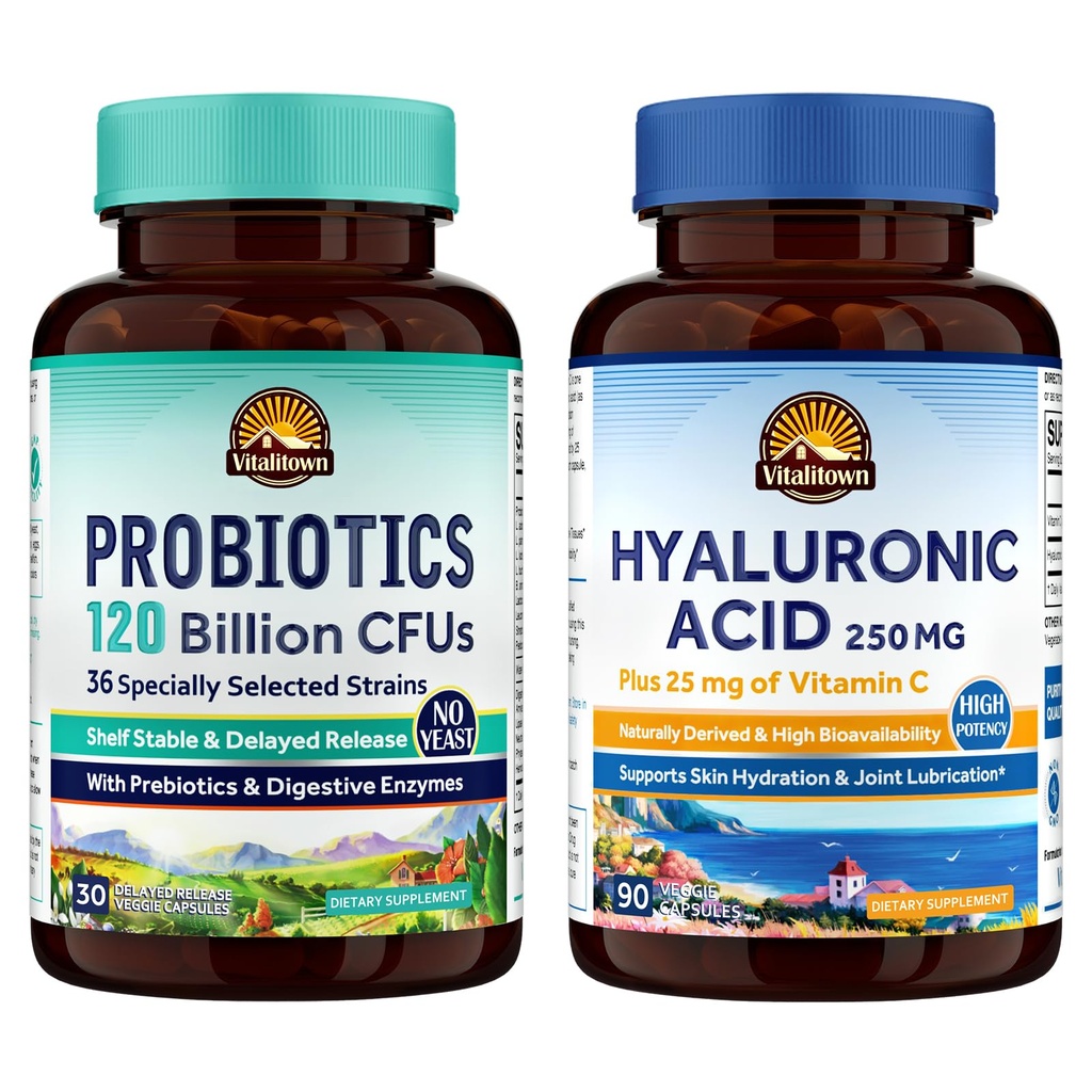 Vitalitown Gut-Skin Bundle (Pack of 2) | Probiotics 120 Billion CFUs (Item 1) & Hyaluronic Acid (Item 2) | 30 + 90 Capsules