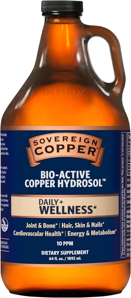 Sovereign Copper Bio-Active Copper Hydrosol, Daily+ 4-in-1 Wellness Supplement for Joint and Bone*, Hair, Skin and Nails*, Cardiovascular Health* and Energy and Metabolism Support*, 64oz