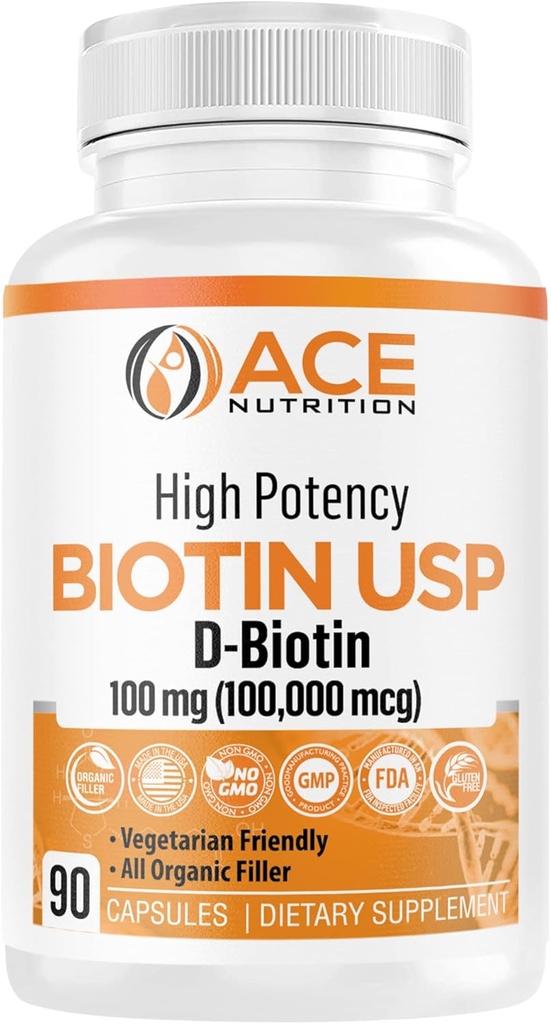 High Potency Biotin USP (D-Biotin 100.000mcg) - Superior Biotin, Organic Rice Flore, Vegetariske kapsler for hår, hud, & Myelin helse, laget i USA (100 mg/90 kapsler)