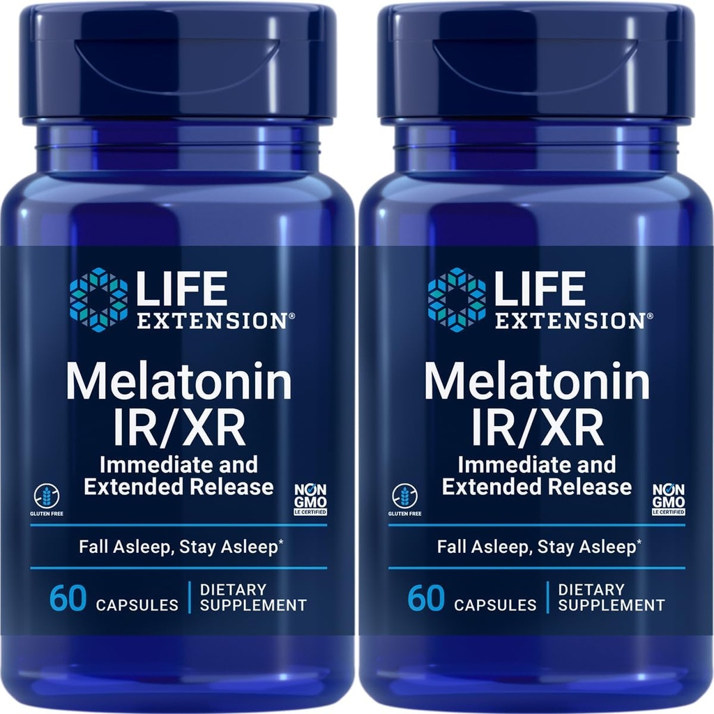 Life Extension Melatonin IR/XR, 1.5 mg, immediate- and Extended-Release Formula for Optimal Sleep Support, Healthy circadian Rhythms, Cellular Defense, Gluten-Free, Non-GMO, 2 X 60 Capsules