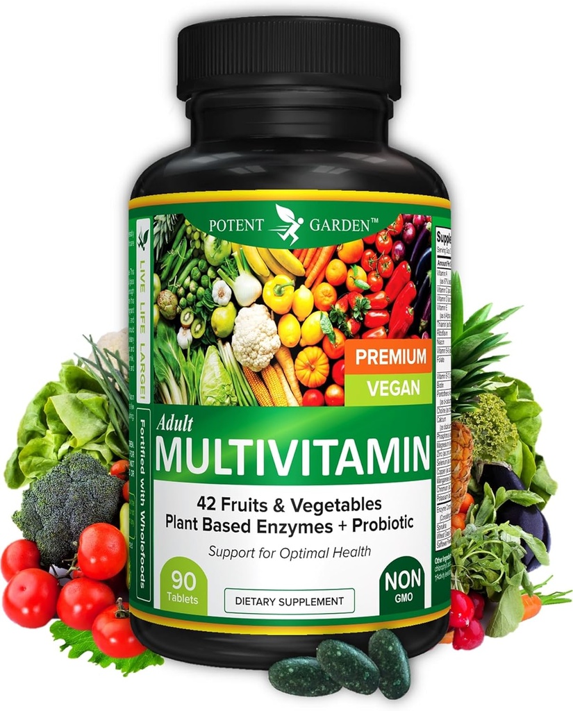 Potent Garden Dospělý Multivitamin pro ženy a muže, 42 Ovoce & Zelenina Plus Probiotika, Podporuje energetický metabolismus & imunitní systém, Denní Multivitamin pro muže & Ženy Non- GMO, 90 Tabs, 30 Služeb