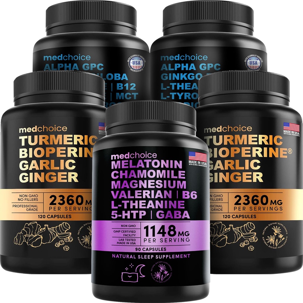 MEDCHOICE Sleep Melatonin (90ct), Turmeric & Ginger (240ct), and Nootropic Brain (120ct) Supplement Bundle - Wellness Trio for Brain, Sleep, & Immune Support - Vegan, Non-GMO, Gluten-Free