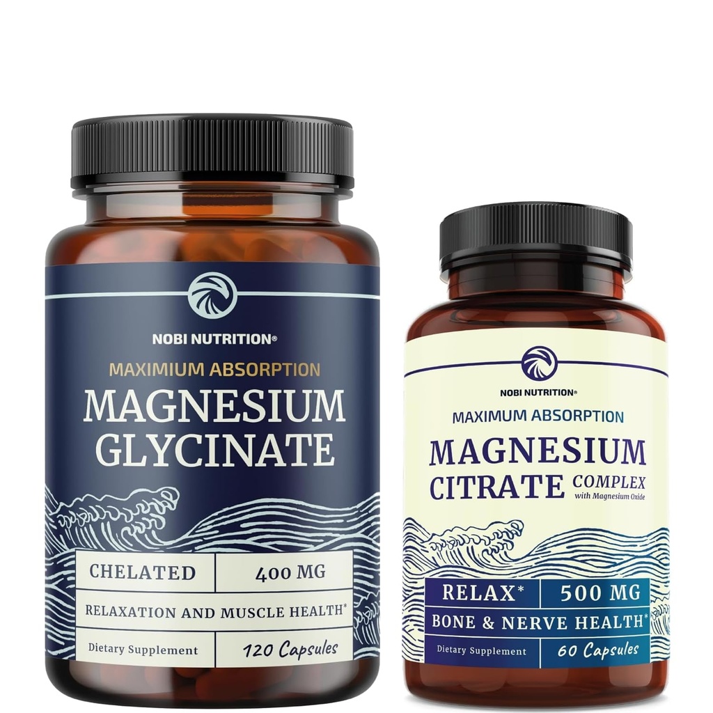 Magnesium Glycinate 400mg (120ct) & Magnesium Citrate 500 MG (60ct) | High Absorption, Calm, Relaxation, Digestion & Muscle Support | Non-GMO Vitamin and Mineral Bundle