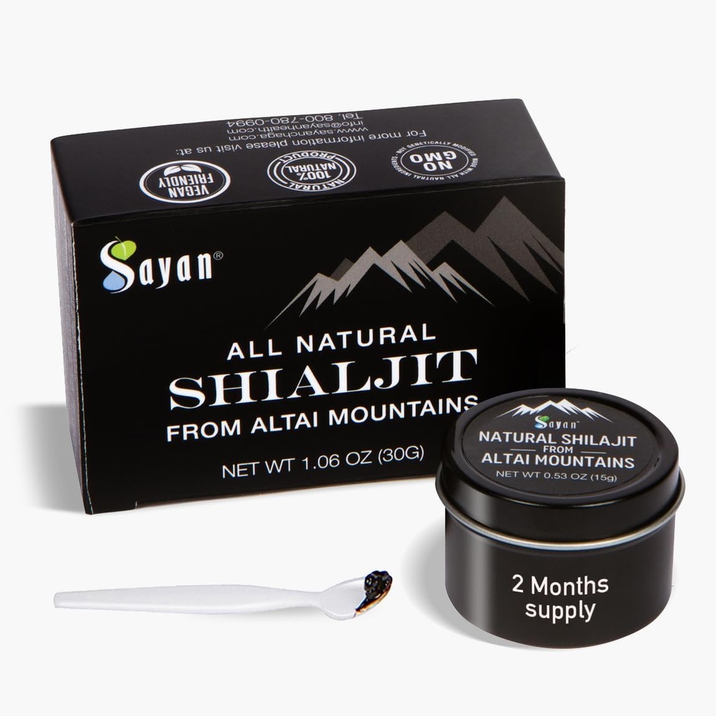 Sayan Pure Authentic Altai Shilajit Resin - 15 Grams, 2 Bulan Supply - Tinggi Efficacy Acians Fulvic Aclement for Women and Men to support Immune System, Energy, & Detox - Vegan, Non-GMO