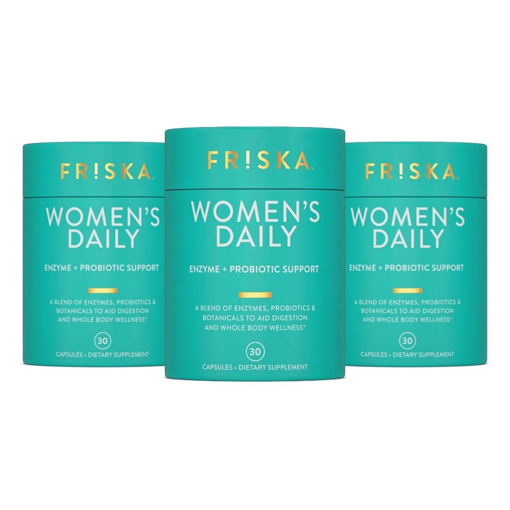 Friska Women’s Daily Gut Support - Pre/Post Meal, Digestive Enzymes, Probiotic DE111 for Bloating & Digestive Balance, Vitamin D, Cranberry & Biotin for Hair, Nail & Urinary Health, 90 Capsules