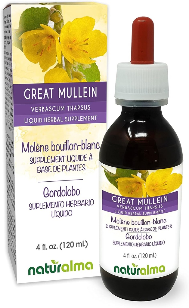 Naturalma Great Mullein nebo Common Mullein (Verbascum thapsus) Flower and Leaf Alcohol- Free Tincture - 4 fl oz Liquid Extract in Drops - Bylinný dodatek - Vegan