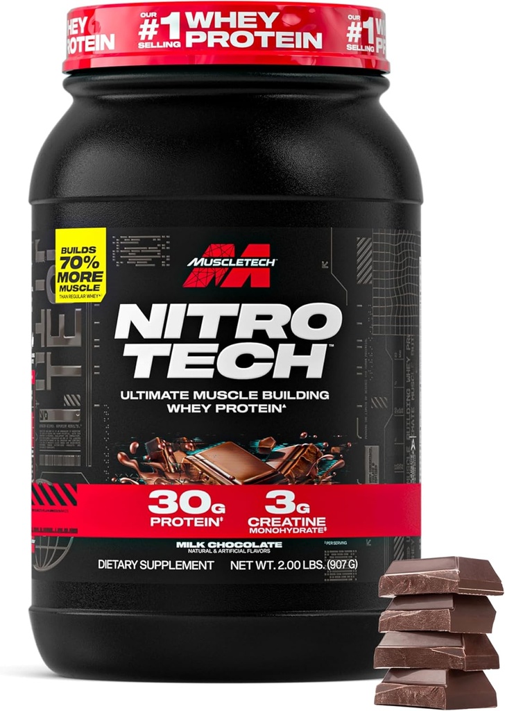 М'язова сироватка білковий порошок (Молоко шоколаду, 2 фунт) - Nitro-Tech Ultimate Muscle Building Formula з сирим білком Isolate - 30г білка, 3г креатину та 6,8г BCAA - Упаковка травень