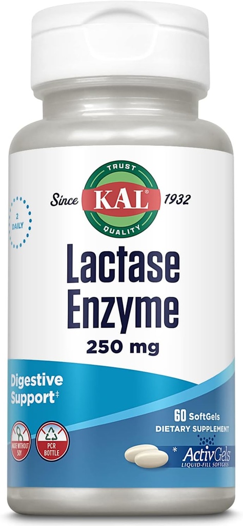 KAL Lactase Enzyme 250 מ"ג, תמיכה בריאה של Lactose Intolerance, נוזלי-Filled ActivGels Made Without Soy, 250 יחידות FCC, 30 משרתים, 60 SoftGels