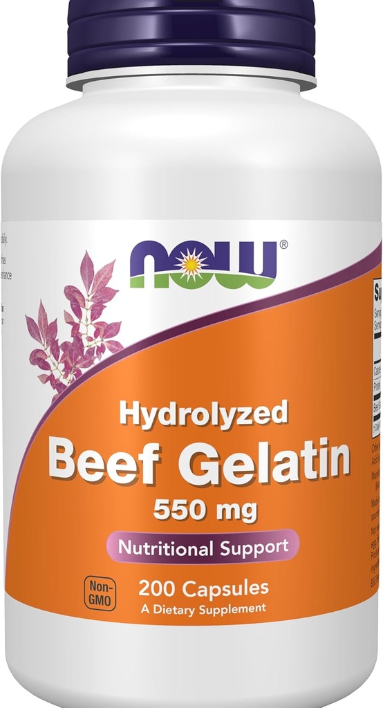 NOW Integratori alimentari, Beef Gelatin 550 mg, Hydrolyzed, Supporto nutrizionale, 200 capsule