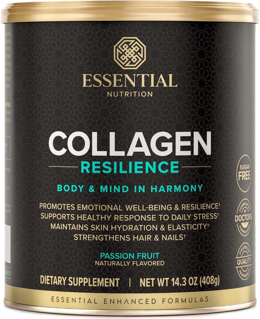 Resiliência de Colágeno Nutricional Essencial - Pó de Peptídeos de Colágeno Hidrolisado com Ácido Hialurónico, Silício, Aminoácidos & Extrato de Paixão - Fruto de Paixão - 14.3 oz (30 Servões)