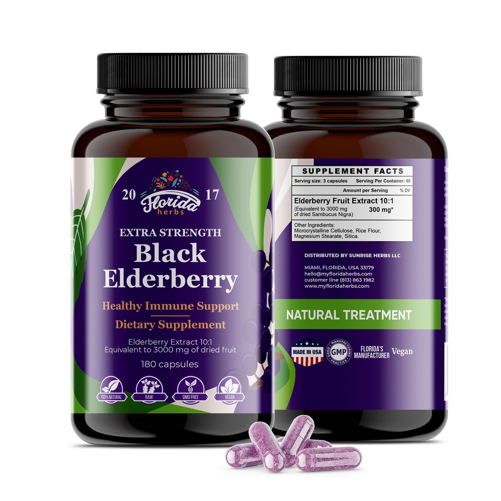 Black Elderberry Capsules | 180 Count | Sambucus Elderberry Vitamins, Non-GMO, Gluten Free, Organic Elderberry Extract Sambucus Nigra