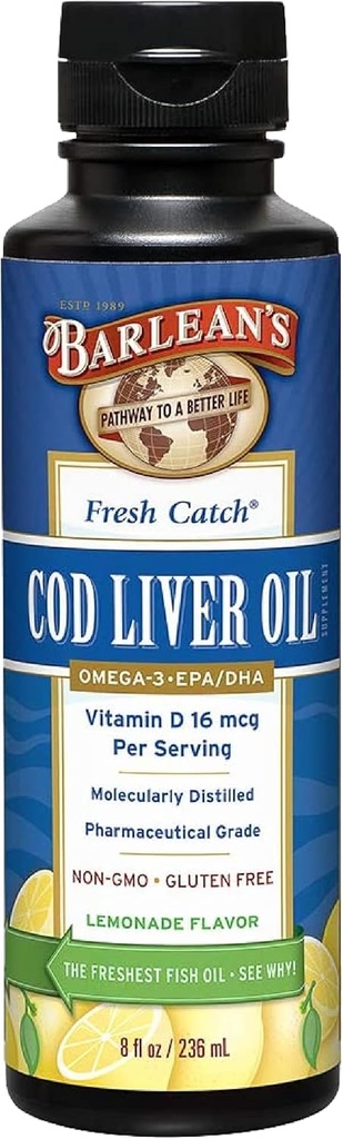 Barlean's Cod Liver Oil Liquid Supplement, Omega 3 Fish Oil 900mg EPA ja DHA Plus D-vitamiini, lisäravinteet Joint, aivot, ja Heart Health Support, Lemonade Flavor, 8 oz
