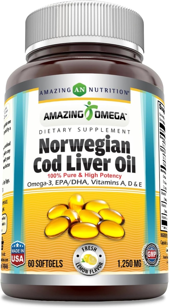 אומגה נורוויג'ן Cod Liver Oil 1250 Mg Softgels תוסף אומגה 3, EPA, DHA, ויטמין A, ויטמין D & ויטמין E (Lemon | 60 Count)