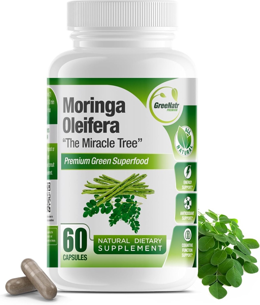 Pure Moringa Oleifera Green Superfood Capsules with Vitamin C, Omega 3 & Amino Acid - Boosts Energy, Mood, Memory, Immune Support - 유기농 모링가, 비 GMO - 60 캡슐 (1 병)
