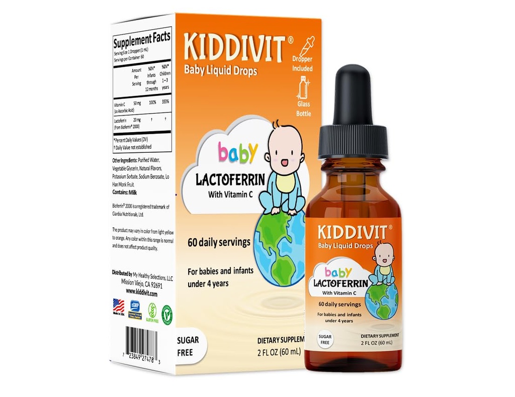 Baby Lactoferrin Liquid Drops – Gentle Immune Support Supplement – 100mg Formula – Tasty Orange Flavor – 60 Daily Servings – Sugar Free, Gluten Free, Vegetarian, 2oz