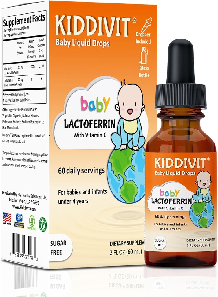 Kiddivet Baby Lactoferrin Tekoči kapljice – Nežen imunski dodatek – 100 mg Formula s Prebiotic Inulin – 60 Dnevne strežbe – Sladkor brez sladkorja, Gluten Free, Vegetarian, 2oz