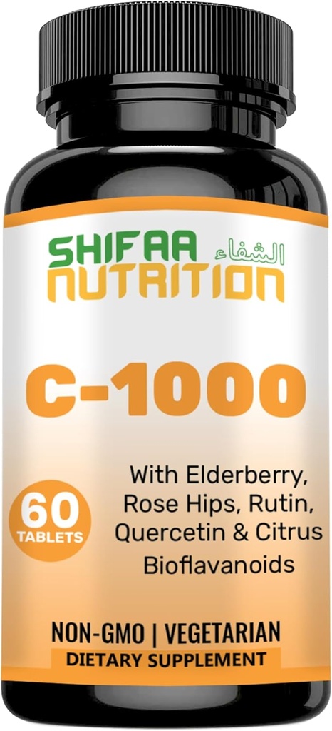 SHIFAA NUTRITION Vitamina Halal C-1000mg compresse, 60 giorni di alimentazione. Integratore di supporto immunitario con vitamina C, Elderberry, Quercetin, Rose HIPS & Rutin. Vegetariano, Non OGM, Sugar Free & Keto Friendly
