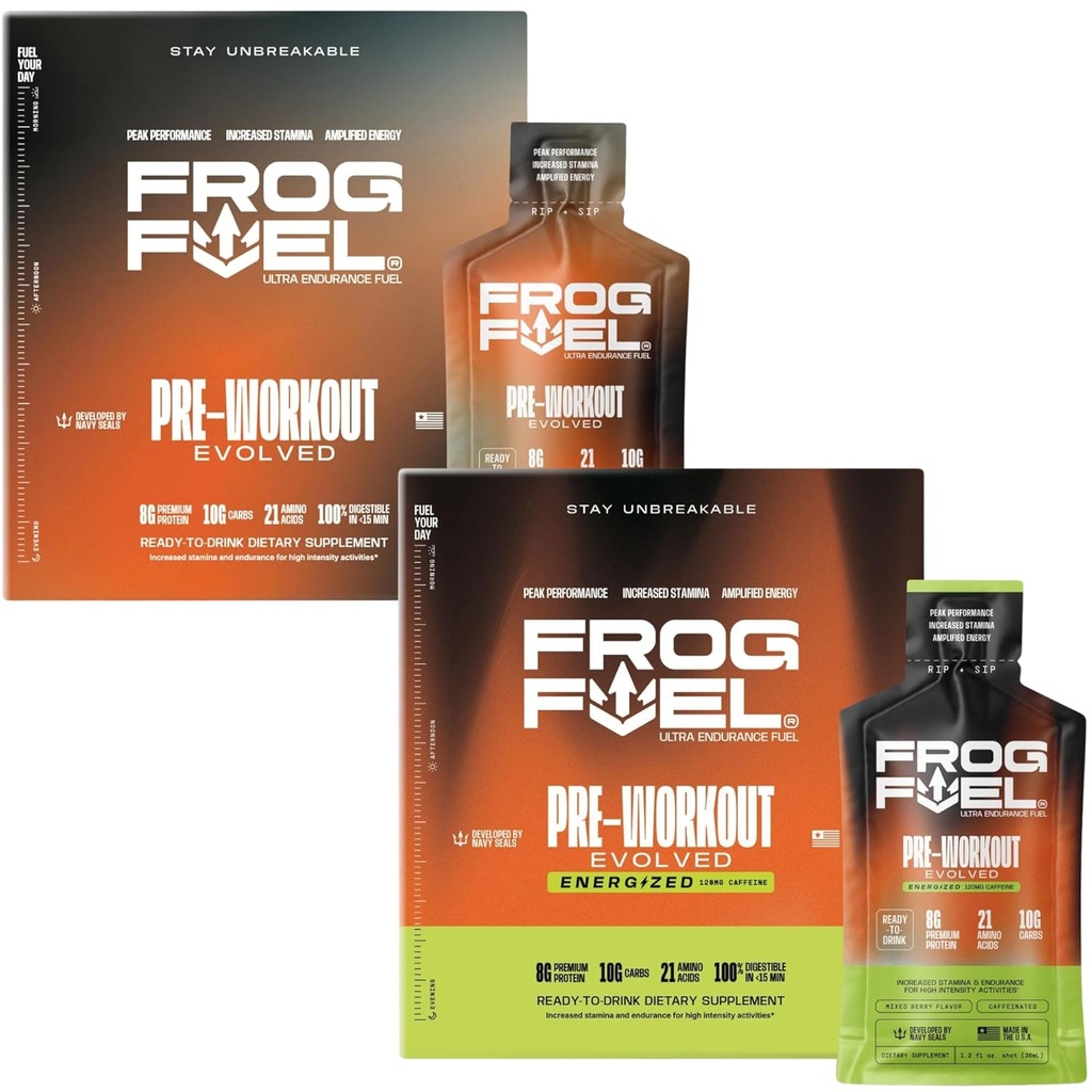 Frog brensel Ultra & Ultra Energized Pre Workout Shot Bundle med 1500mg Beta Alanine, Electrolytes 8g protein Nano-hydrolysert Gras Fed Collage, 10g karbohydrater, Berry, 1,2 oz pakker, 48 Pack